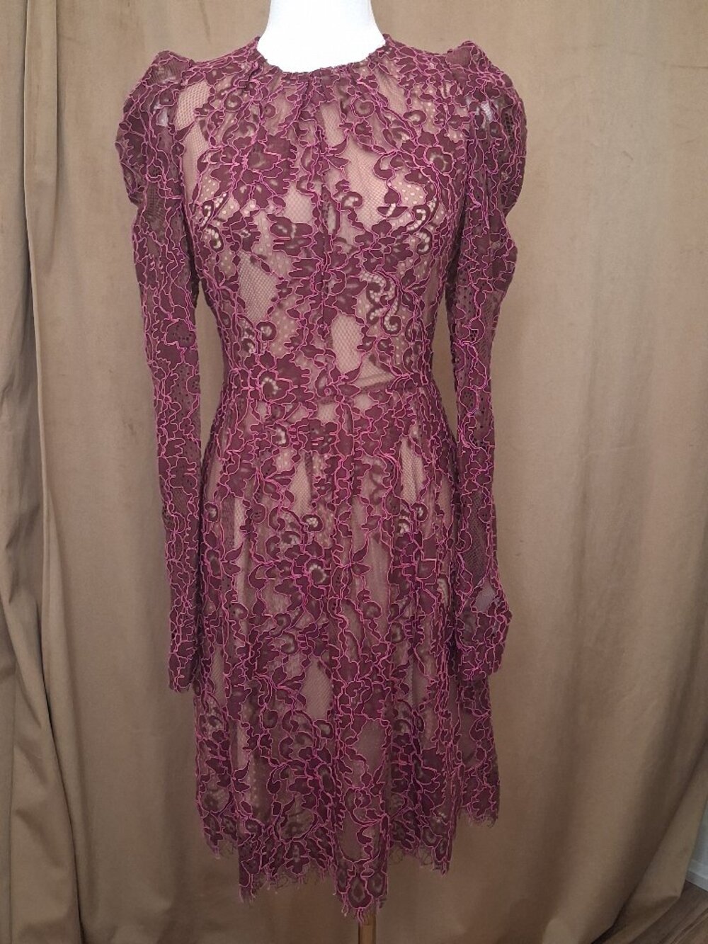 MICHAEL Michael Kors Merlot Corded Floral Lace Puff Sleeve Dress Sz 0
